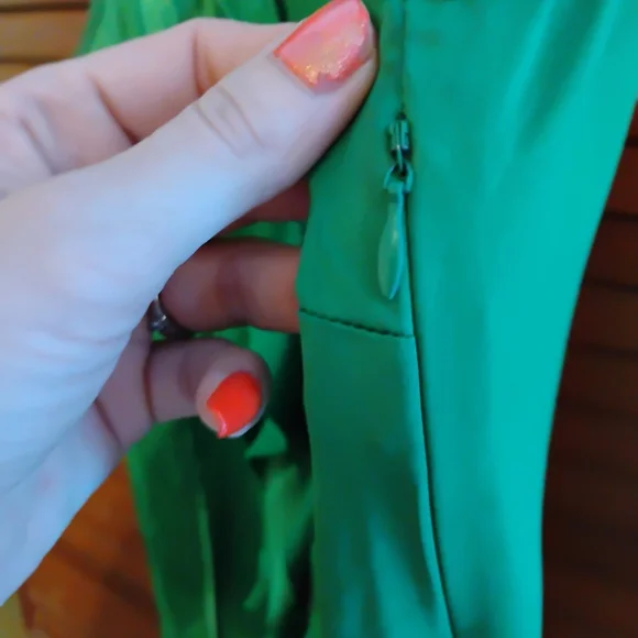 New York And Company Vibrant Green Ruffle, Sleeveless, Satin Blouse. - Picture 4 of 9